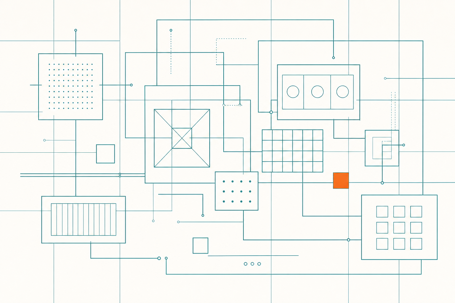Blueprint-like teal geometric systems graphic