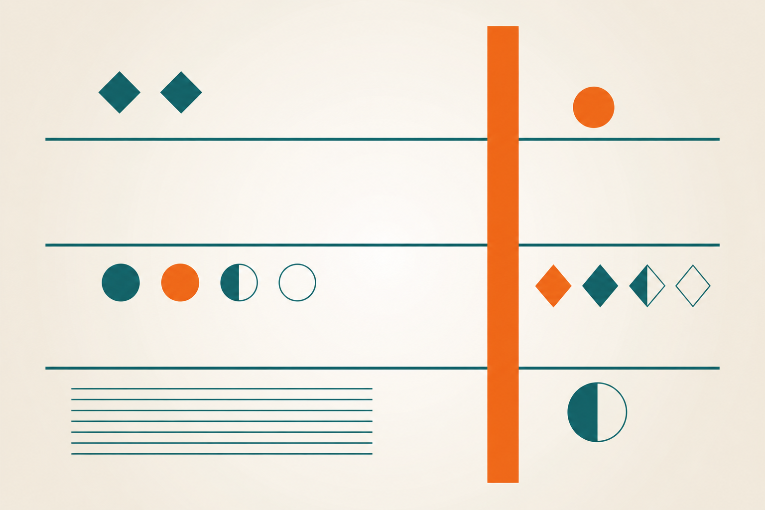 Minimal geometric panel with teal rules and tangerine accent